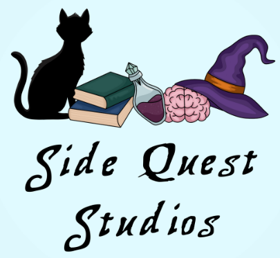 Side Quest Studios Logo showing magical items and a black cat